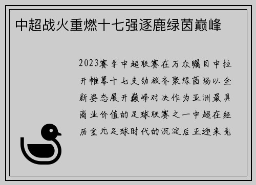 中超战火重燃十七强逐鹿绿茵巅峰