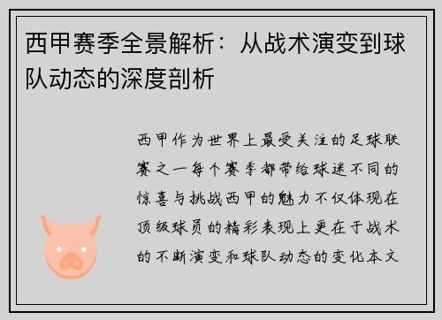 西甲赛季全景解析：从战术演变到球队动态的深度剖析